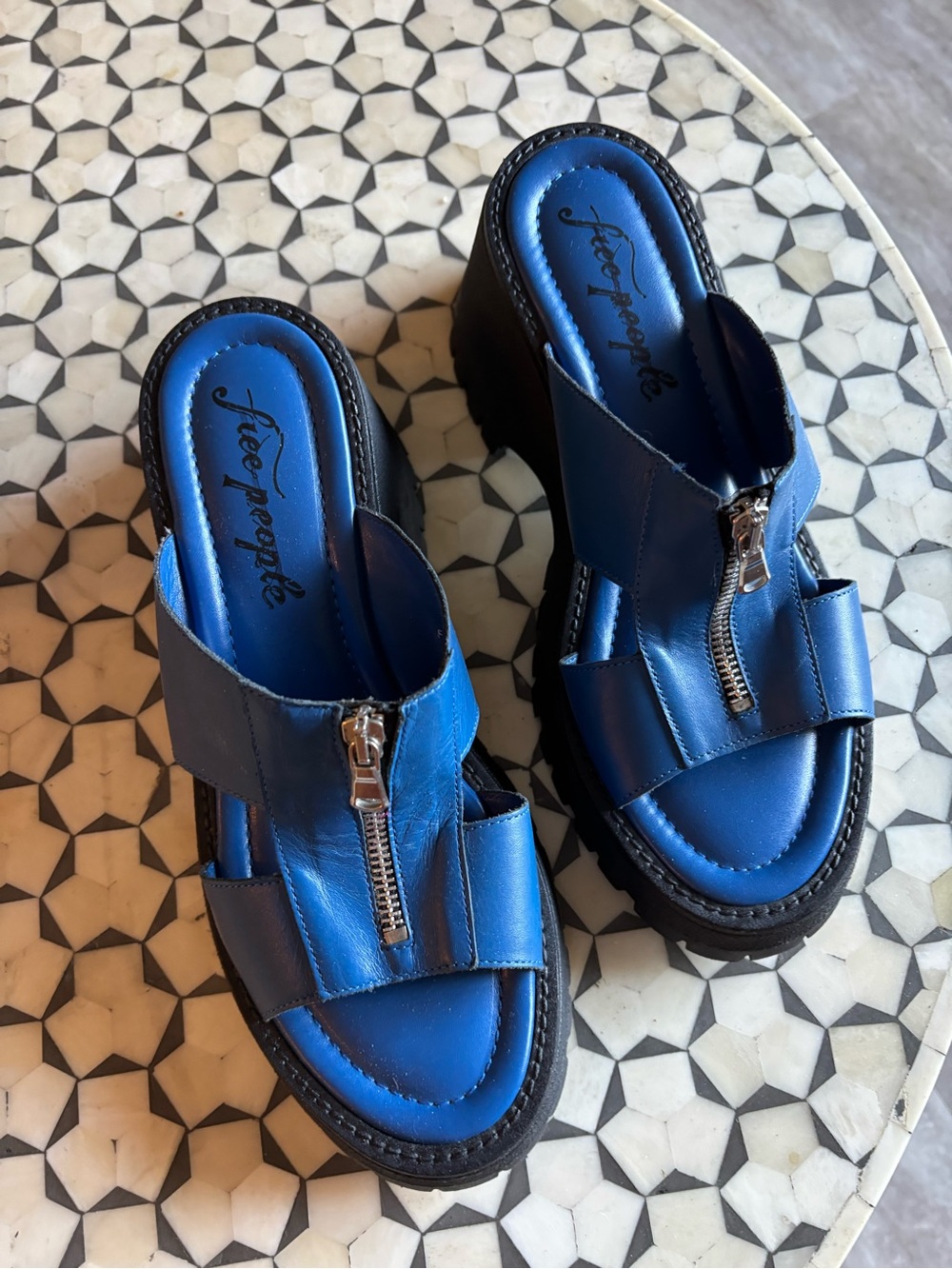 Free People Wishbone zip Platform Blue Leather Sandal for Women